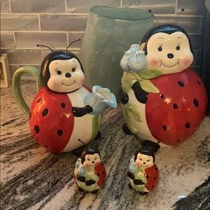 Ladybug cookie jar, teapot salt &pepper shakers